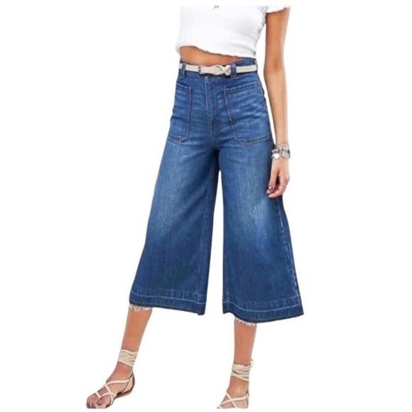 Free People We the Free Wide Leg Jeans High Waisted Cropped Raw Hem - Picture 1 of 6